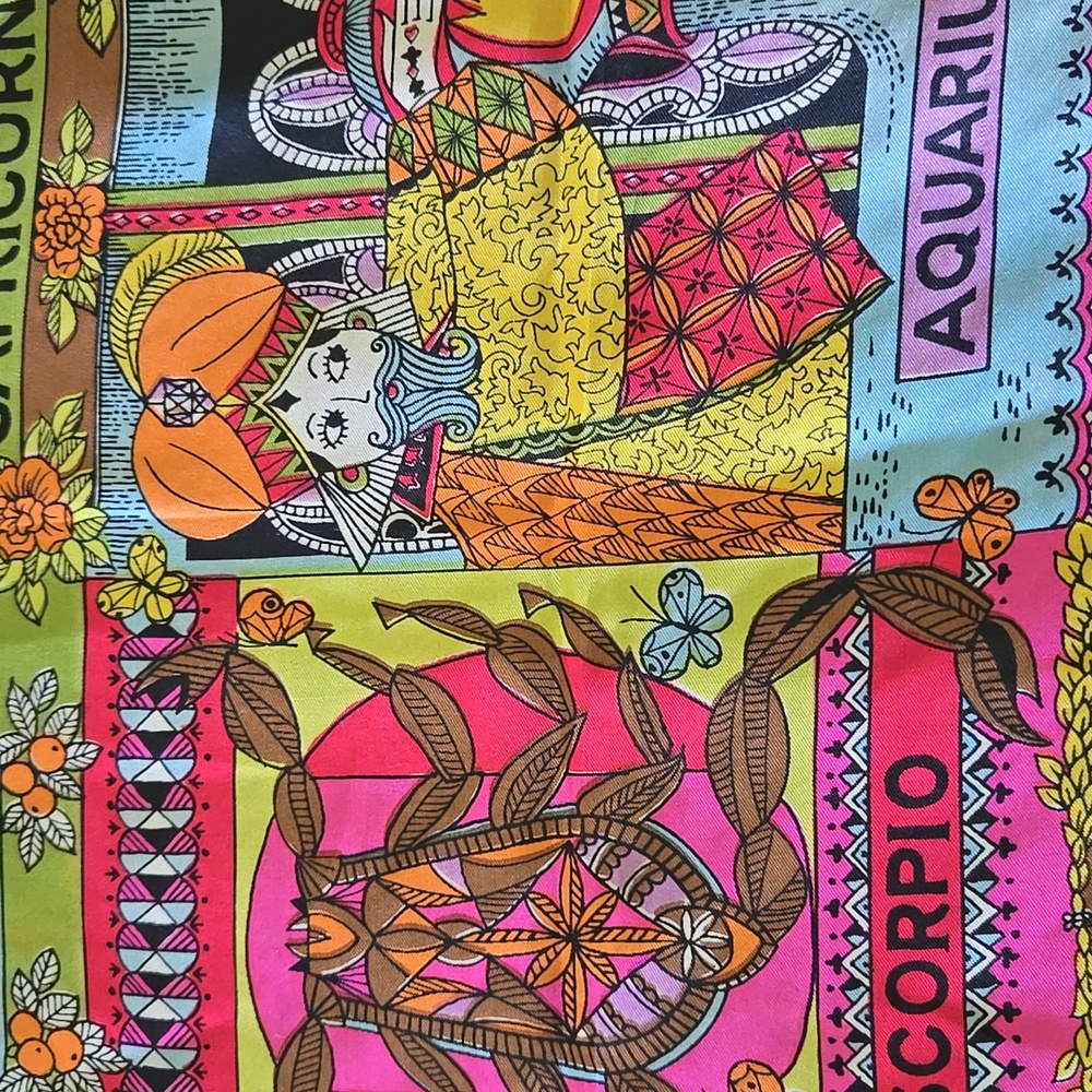 RARE VINTAGE 60s Mod Zodiac Sign Astrology Silk Scarf - Picture 7 of 8